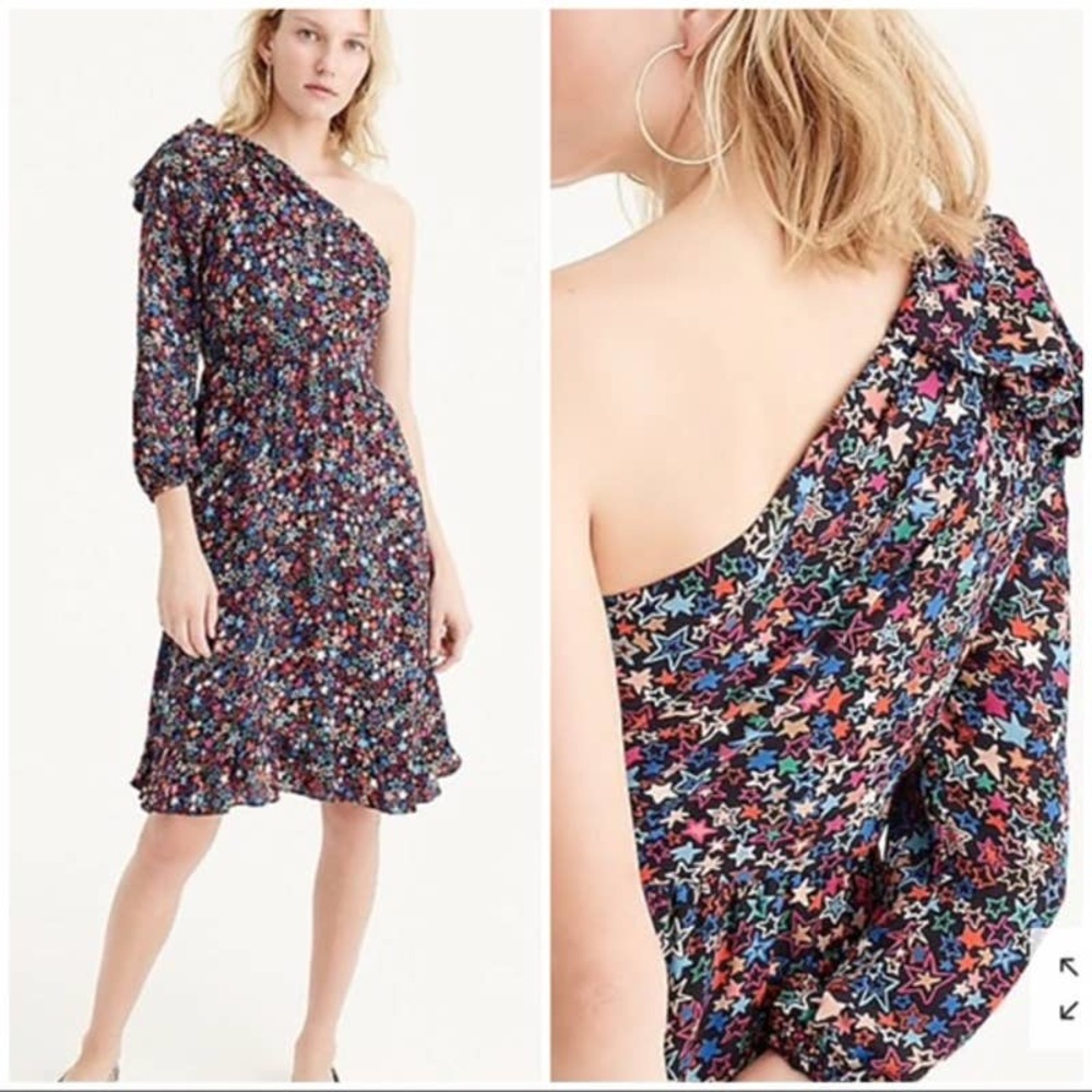 J Crew One Shoulder Dress 0 Kaleidoscope Star A Line Ruffle Hem Navy‎ Blue H2660